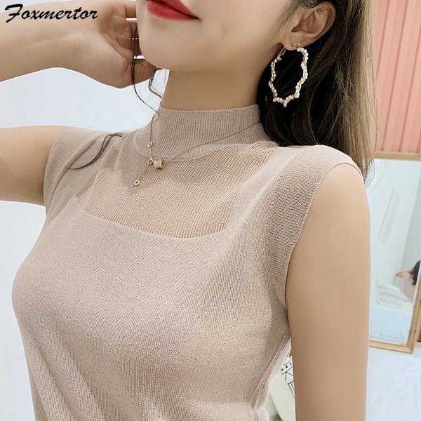 

half high collar tank women sleeveless knitted vest female elasticity solid slim pullover 2020 summer solid bottoming, White