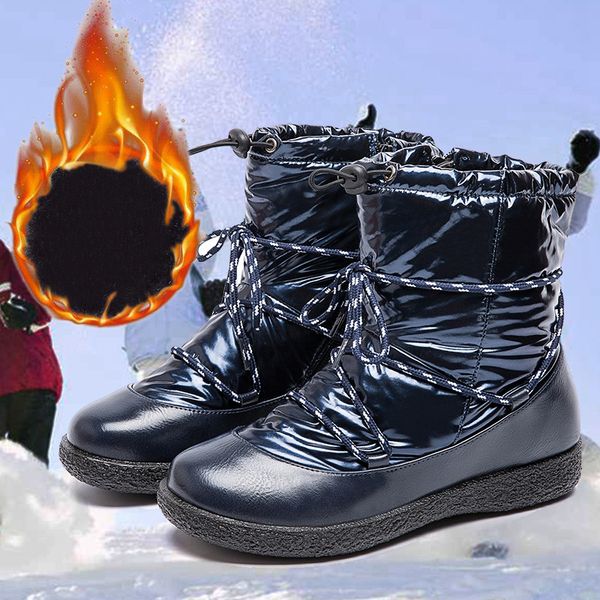 

warm snow boots women leather winter waterproof plush boots woman zips lace up shoes female mid-calf non slip flat plus size 43, Black