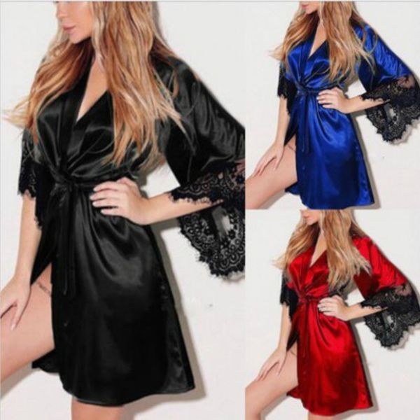 

women's sleepwear 2021 lingerie transparan summer ladies bride robes kimono robe satin lace night wear gown bathrobe, Black;red