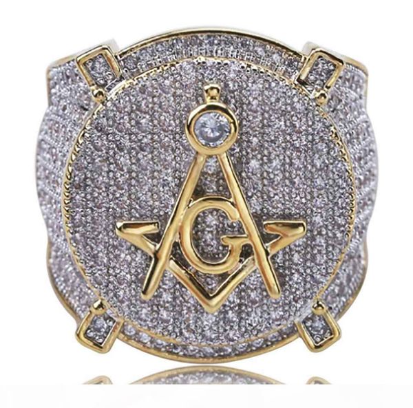 

роскошный хип-хоп масон символ масонских кольца мужского micro pave цирконий bling bling симулированных diamonds 18k позолоченное кольцо, Golden;silver