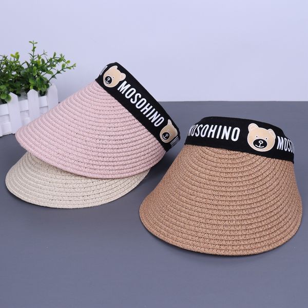 

korean style children's empty straw girls bear letter straw hat outdoor sunscreen baby sun hat, Blue;gray