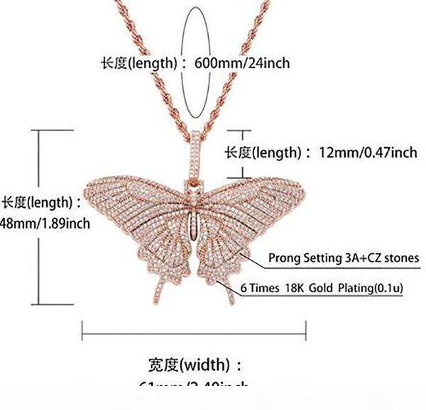 

14k iced out butterfly pendant necklace mens pink chain pendants diamond butterfly necklace rapper singer jewelry, Silver