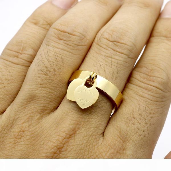

g мода ювелирные изделия 316l titanium gold -plated сердце -образные кольца t письмо письма двойное сердце кольцо женское кольцо для женщин, Silver