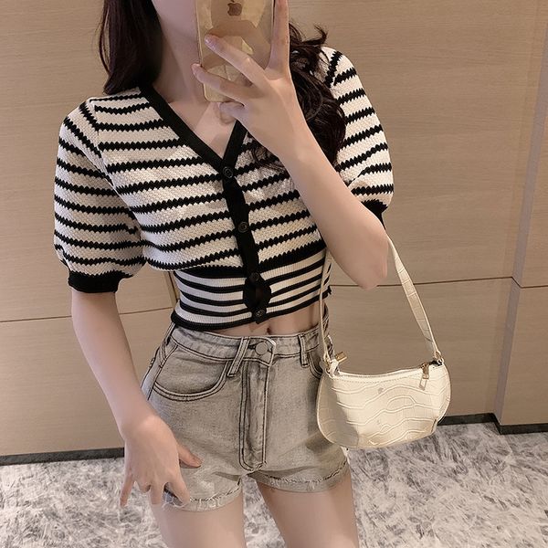 

western jacket coat style navel bubble sleeve striped thin short sleeve sweater v-neck short coat slim cardigan, White;black
