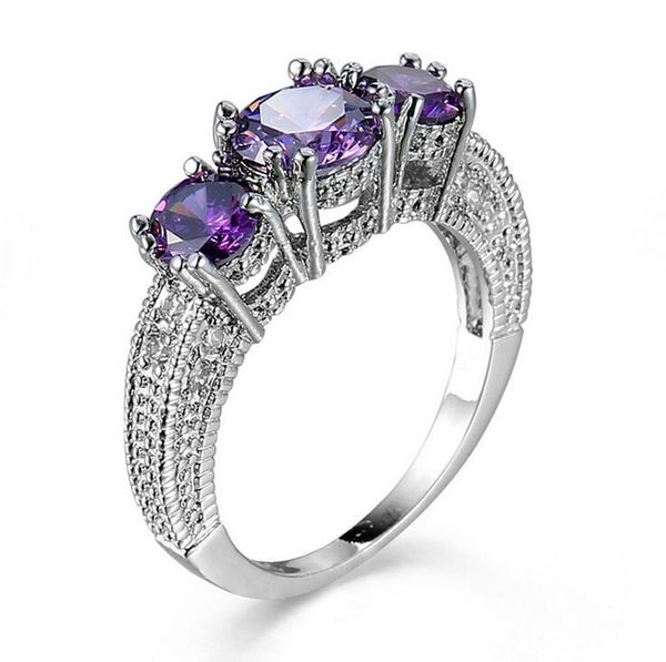 

vintage jewelry 10kt white gold filled three stone multi-gemstones cz diamond amethyst weddi ng engagement band ring for lover's gift, Silver