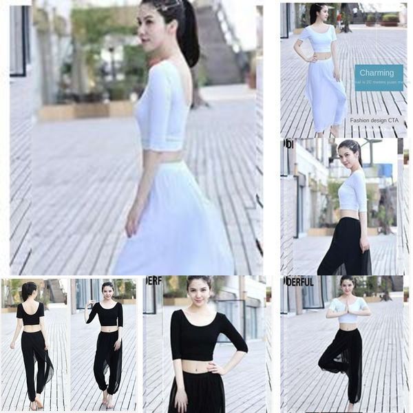 

2019 new yoga women's spring and summer sleeve short dance sleeve white dance suit black performance suit navel gauze pants, White;red