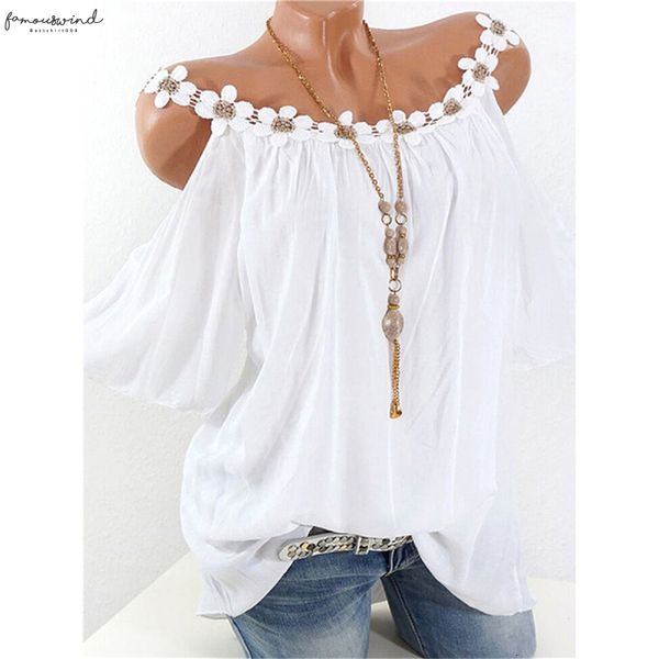 

new fashion womens o neck half sleeve blouse lace solid colort ladies casual loose womens and summer plus size, White