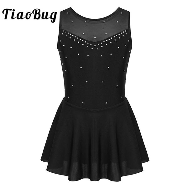 

tiaobug kids teens sleeveless sparkly rhinestone tulle figure skating dress gymnastics leotard girls ballet costume dance wear, Black;red