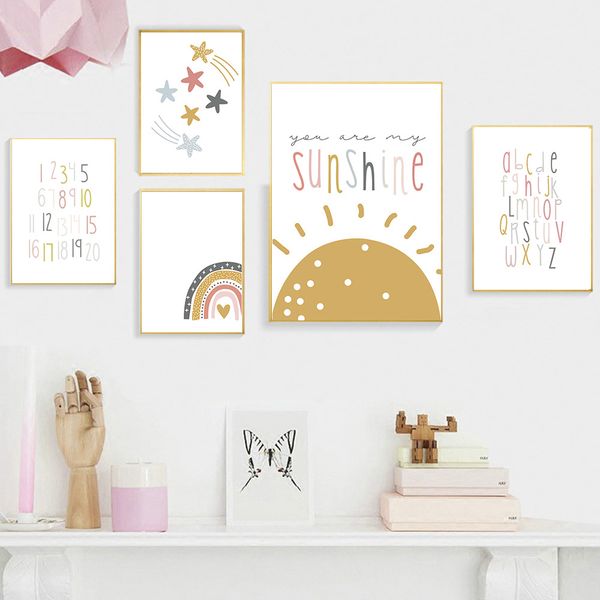 

you are my sunshine rainbow print alphabet poster number nursery canvas painting wall art nordic kids pictures baby room decor