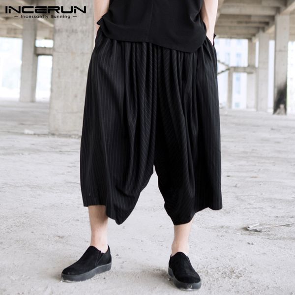 

stylish men pants 2020 baggy personality joggers chic wide leg drop crotch pants mens streetwear striped trousers incerun s-5xl, Black