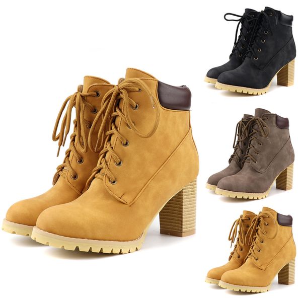 

Winter Boots Women's Casual Cross Lace-Up Flock Square root Boots High-Heeled Large Size Shoes woman Ladies Booties, Black