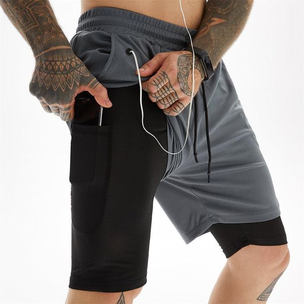 

running shorts men sports two layers with pocket solid fitness wear gym elastic cycling loose quick dry breathable, Black;blue