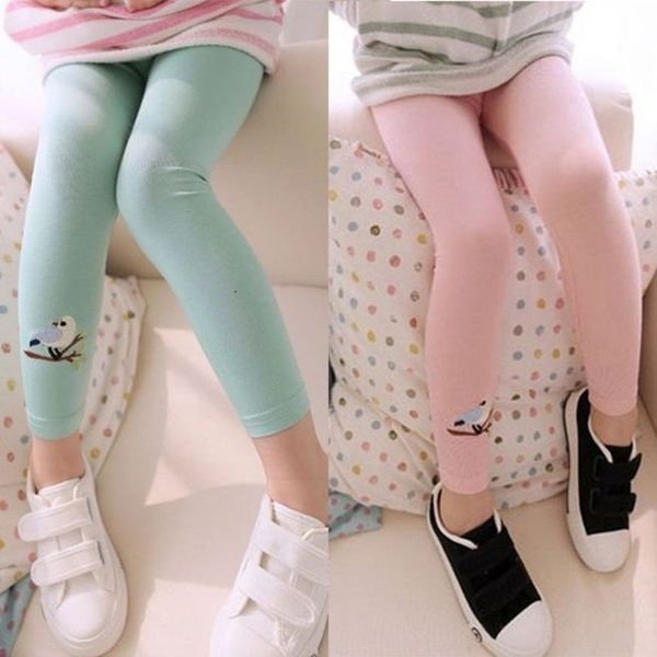 

solid kids girl cotton embroidery bird slim ankle-length elasticity toddler leggings trousers, Black