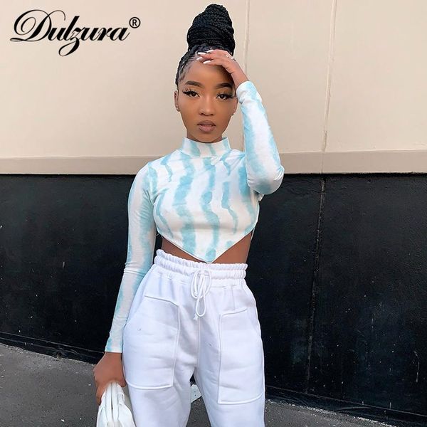 

dulzura tie dye lace up women t shirt crop backless hollow out bodycon long sleeve streetwear 2020 clothes elegant club, White