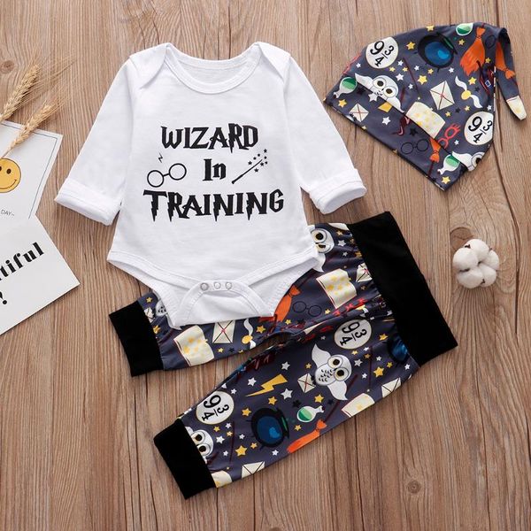 

newborn infant baby clothing set wizard in training outfit romper+pants+hat 3pcs baby clothes outfits, White