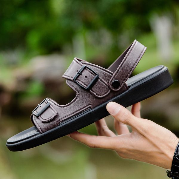 

summer soft leather sandals men fashion flip flops quality gladiator beach sandals slippers zapatillas hombre men casual shoes, Black