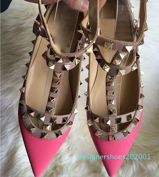 

2017 fashion women rivet shoes matte leather t strap pointed toe rock studded valentine women flats party dress shoes cson1, Black