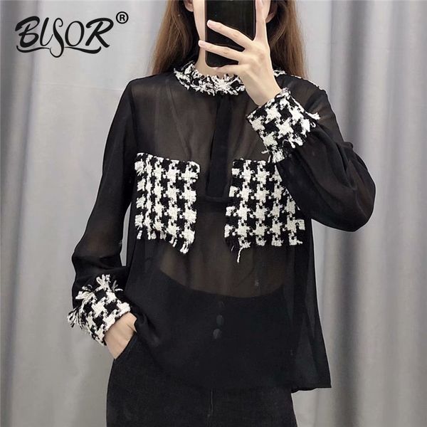 

women chiffon patchwork tweed blouse 2020 autumn see through long sleeve female elegant shirt stylish chic blusas, White