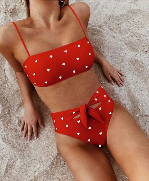 

women polyester swimwear bandage bikini set push up padded bra summer bathing suit swimsuit beach heart print high waist piece holiday, White;black