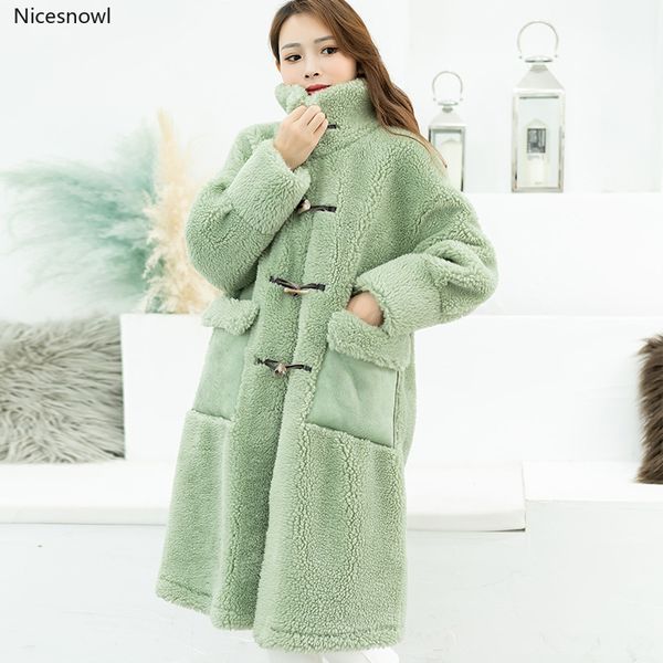 

winter real sheep wool fur coats ladies printed sheep shearing long warm jackets women's down coat splice velvet fur long coat, Black