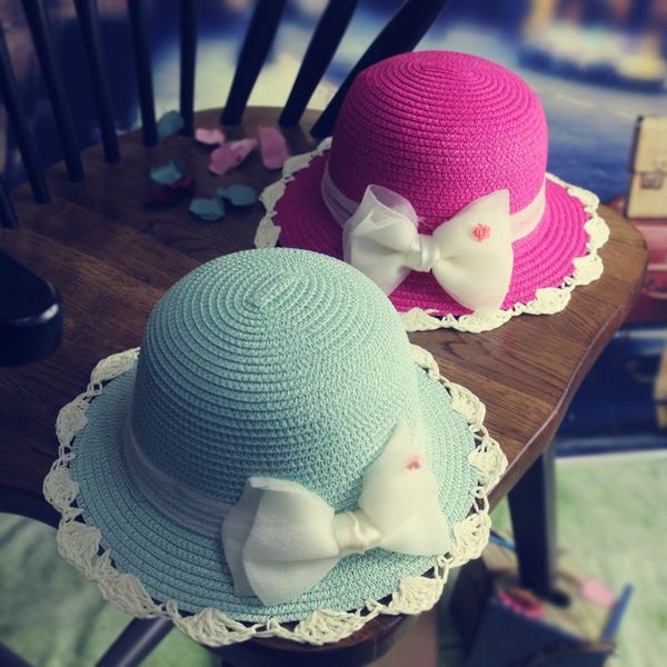 

korean summer new children fisherman straw bowknot beach sunscreen cap baby cap baby hat sunscreen hat, Blue;gray