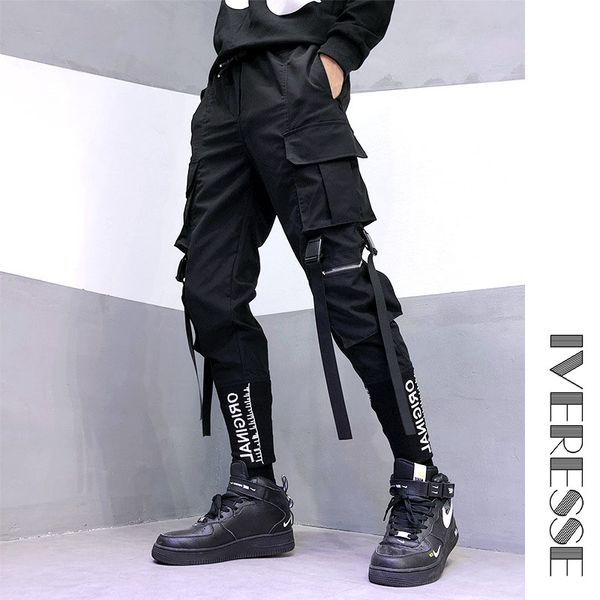 

men's pants black letter embroidery streetwear gothic cargo ribbons joggers pencil hip hop sweatpants men harem casual trousers