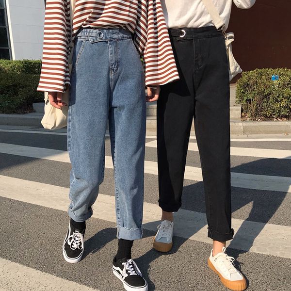 

boyfriend jeans women autumn winter casual denim pants streetwear vintage ankle-length straight pants plus szie 5, Blue