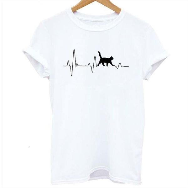 

2020 cat heartbeat lifeline printed tshirt women casual funny t shirts white short sleeve tees hipster woman clothes
