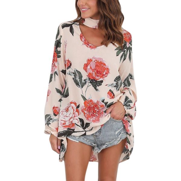 

women's blouses & shirts vicabo 2021 v neck halter womens long sleeve casual loose floral printed blouse autumn chiffon blusas, White