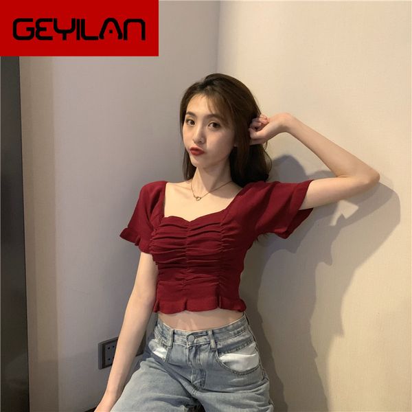 

zaraing korean style crop 2020 women summer mujer hyuna ropa feminina collar knited t-shirt design niche egirl harajuku, White