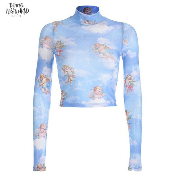 

long sleeve high collar home summer vogue t shirt dating vintage cupid jeans t shirt women tshirts angel top, White