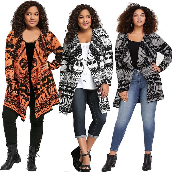 

women's long sleeves open front skull print fashion casual work party knitted sweater cardigan coat outwear, White