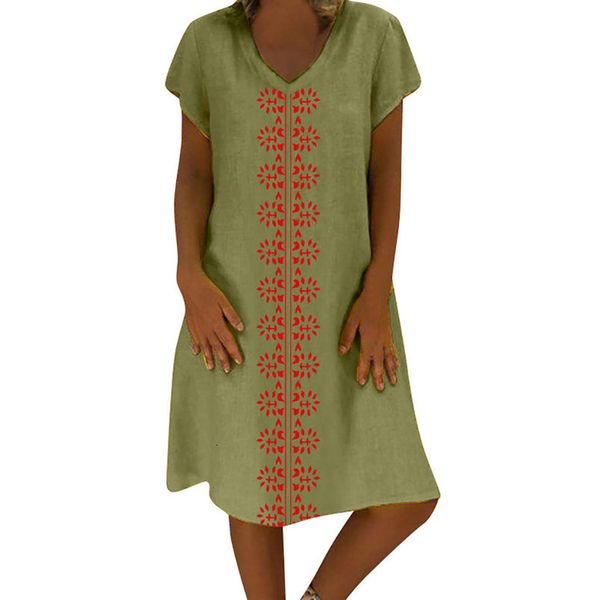 

2020 new summer women dress plus size style v neck printed cotton and linen casual plus size beach sundress 903211, Black;gray