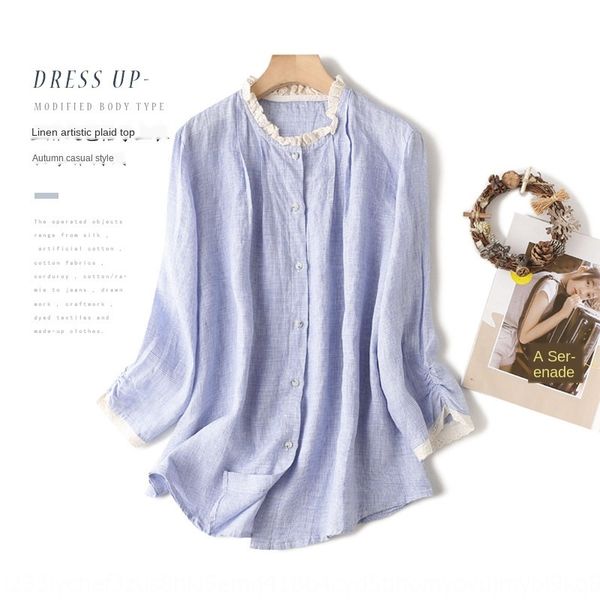 

1125clothingbird plaid cotton linen long sleeve women's lacelace lace collar shirt linen nine-quarter sleeve plaid shirt, White