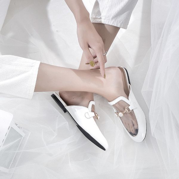 

qmjhvx net red lazy baotou half slippers female outer wear flat bottom 2020 new fashion british wild patent leather half care su, Black