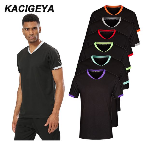 

спорт короткие рукава 2020 человек quick dry дышащий футболки идущие v шеи gym футбол джерси man summer training top, Black;blue