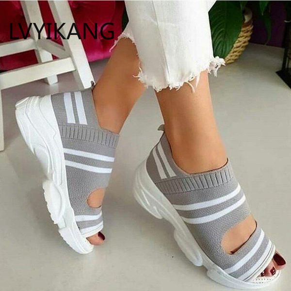 

women's sandals woman shoes stretch fabric slip on hollow out peep toe thick bottom casual cover heel ladies female 2020, Black