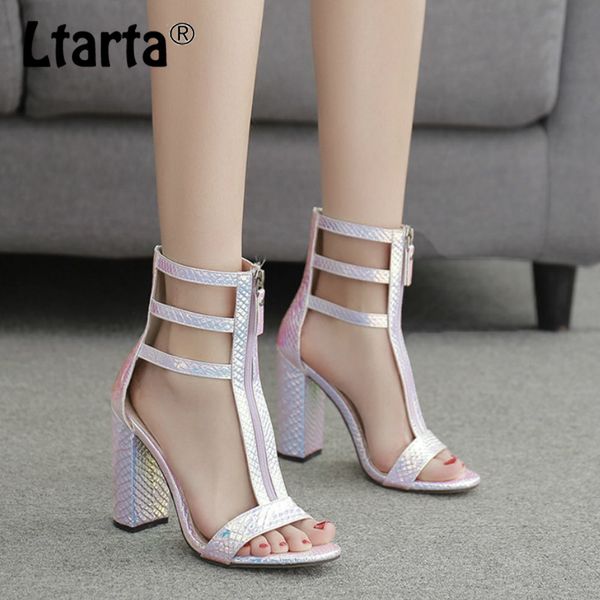 

ltarta summer fashion rough heel hollow women's shoes high-heeled front zip high-snake-print open-toe women's sandals zl, Black