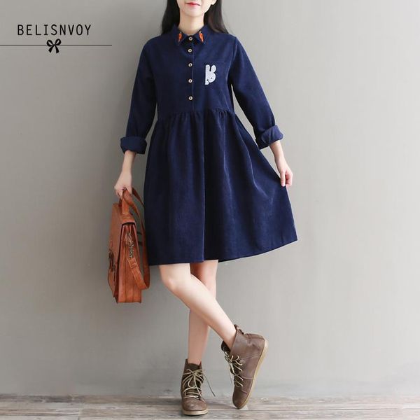 

casual dresses robe femme spring autumn dress women embroidery corduroy turn-down collar long sleeve vintage vestidos, Black;gray