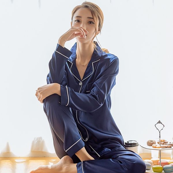 

fat large size female autumn simulation silk long home clothes pajamas simulation pajamas sleeve suit home clothes 5xl, Blue;red