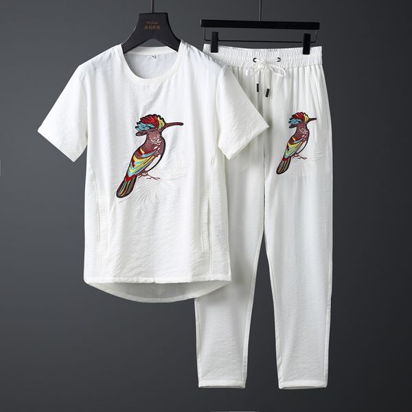 

minglu mens tracksuit (t-shirt+pants) luxury bird embroidered short sleeve mens suits summer slim fit fashion man sets, Gray