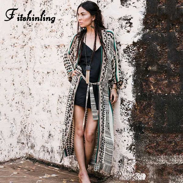 

fitshinling geometric vintage beach kimono flare long sleeve long cardigan with sashes beach cover up boho holiday covers, White;black