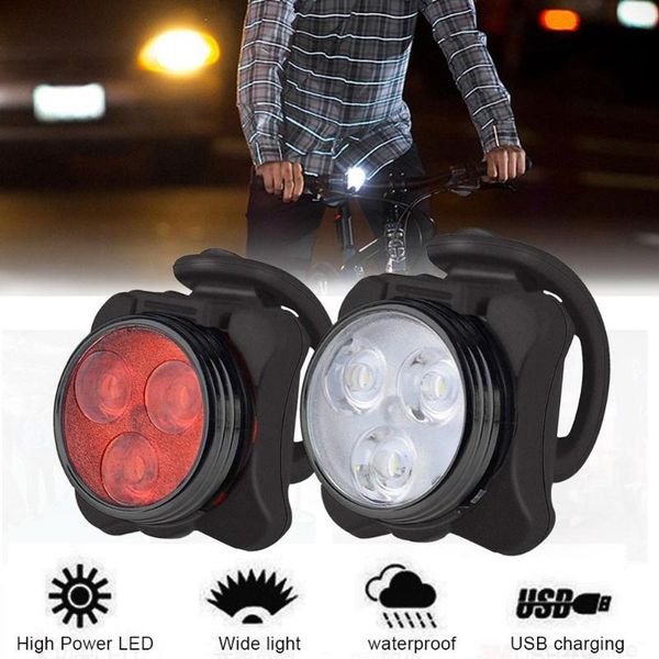 

bicycle light waterproof 3 led head front light 4 modes usb rechargeable tail clip lamp safety warning