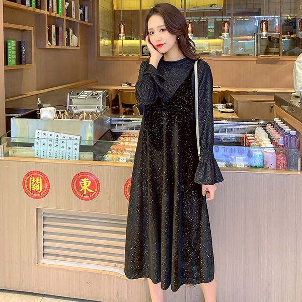 

982 2pcs/set 2020 autumn korean fashion maternity long party dress elegant sweet black clothes for pregnant women fall pregnancy, White