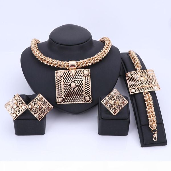 

ouhe luxury big dubai gold color jewelry sets fashion nigerian wedding african beads costume necklace bangle earring ring, Silver