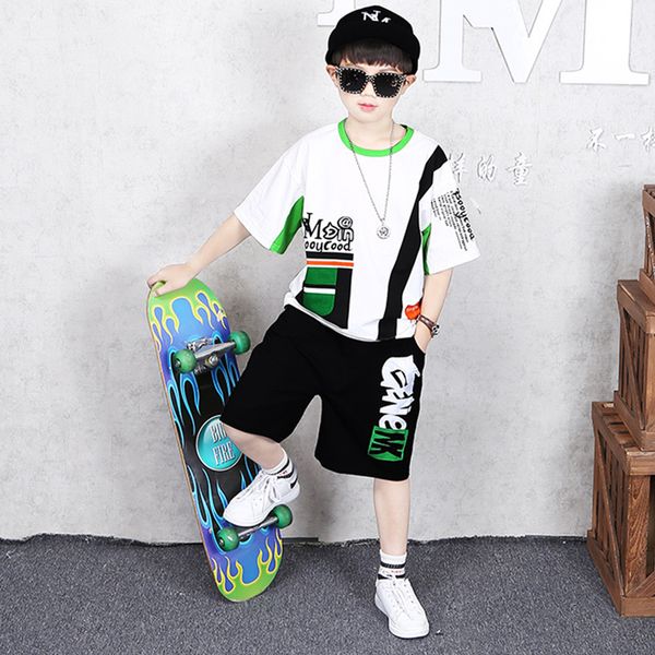 

kids sports casual suit street dance clothing set boys tracksuit 2020 new children's summer short-sleeved loose two-piece suit, Black;blue