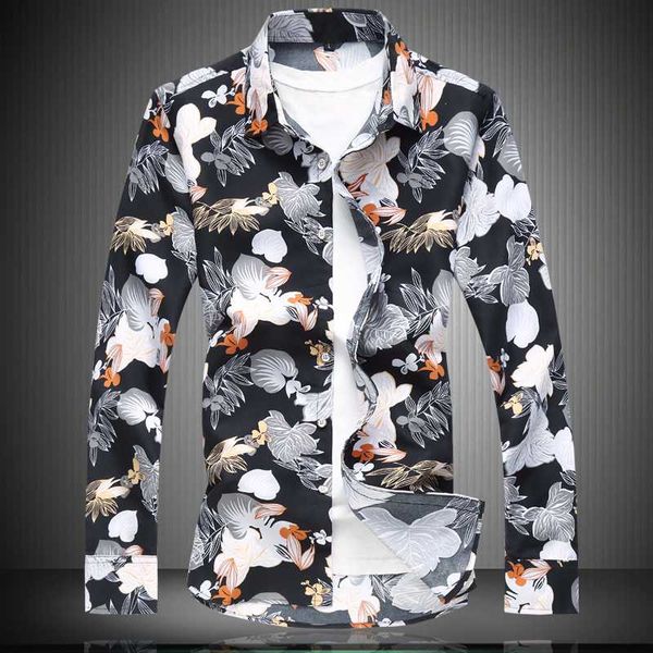 

men's casual shirts fashion men floral cloth slim long sleeve handsome shirt business male all-match trend social plus size 7xl, White;black