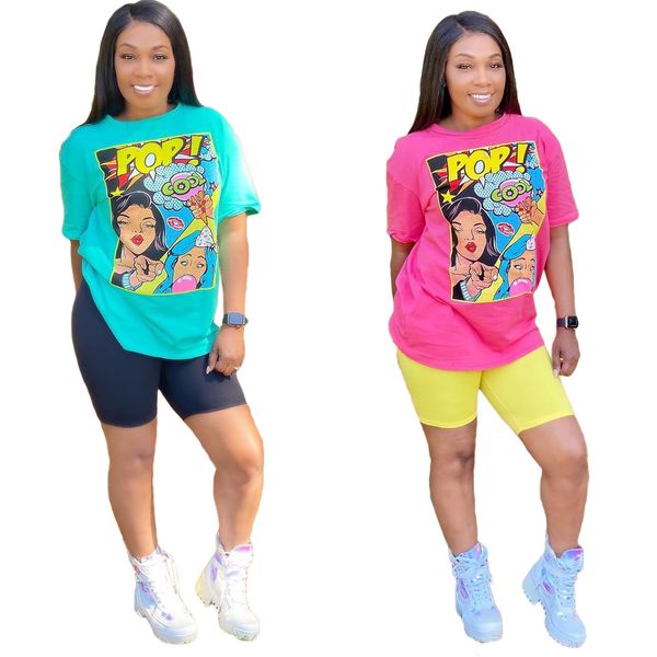 

new women fashion casual 2 piece outfit short sleeve cartoon print t-shirts bodycon shorts set jumpsuit rompers streetwear, White