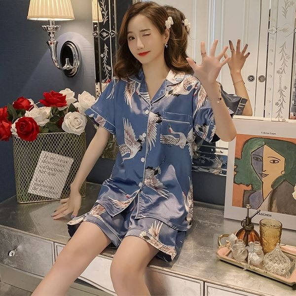 

0fagb short-sleeved lapel printed -like women's and ice thin home suit short-sleeved lapel printed -like women's and silk ice silk, Blue;red