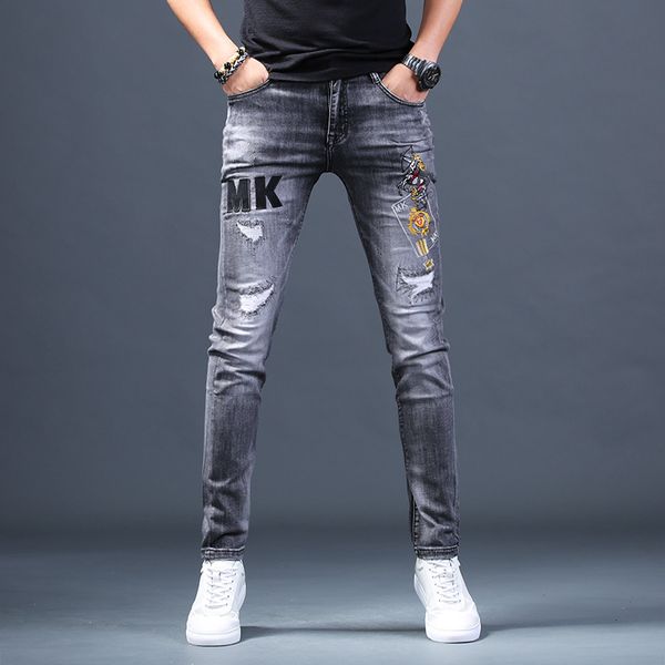 

wholesale 2020 teenagers men's brand hole-embroidered jeans men's summer thin slim feet straight smoky gray casual long pants, Blue